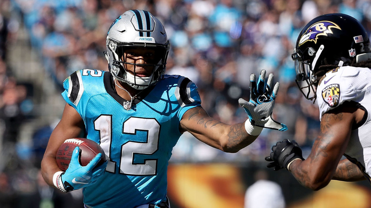 CHARLOTTE, NC - OCTOBER 28: DJ Moore #12 of the Carolina Panthers runs the ball against the Baltimore Ravens in the second quarter during their game at Bank of America Stadium on October 28, 2018 in Charlotte, North Carolina.