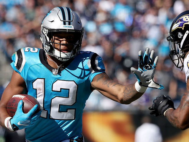 CHARLOTTE, NC - OCTOBER 28: DJ Moore #12 of the Carolina Panthers runs the ball against the Baltimore Ravens in the second quarter during their game at Bank of America Stadium on October 28, 2018 in Charlotte, North Carolina.