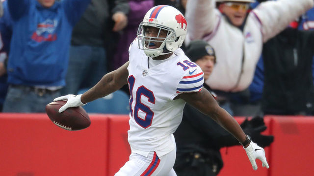 BUFFALO, NY - NOVEMBER 25: Robert Foster #16 of the Buffalo Bills celebrates after scoring a touchdown in the first quarter during NFL game action against the Jacksonville Jaguars at New Era Field on November 25, 2018 in Buffalo, New York.