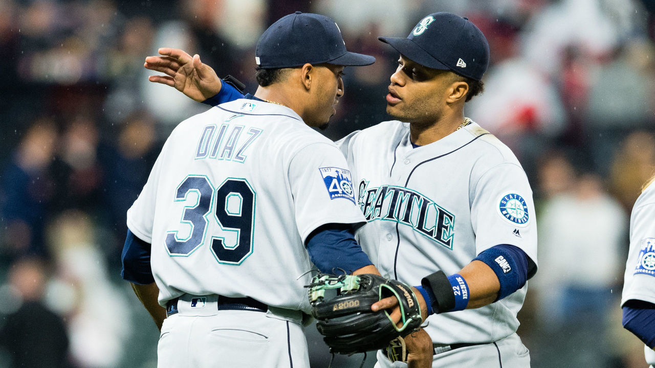 CLEVELAND, OH - APRIL 28: Closing pitcher Edwin Diaz #39 celebrates with Robinson Cano #22 of the Seattle Mariners after the Mariners defeated the Cleveland Indians at Progressive Field on April 28, 2017 in Cleveland, Ohio. The Mariners defeated the Indians 3-1.
