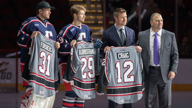 CLEVELAND, OH - JANUARY 20: Cleveland Monsters G Anton Forsberg (31), Cleveland Monsters RW Oliver Bjorkstrand (29), and Cleveland Monsters LW Ryan Craig (12) are presented with their All-Star jerseys by Cleveland Monsters general manager Bill Zito prior to the AHL hockey game between the Rockford IceHogs and and Cleveland Monsters on January 20, 2017, at Quicken Loans Arena in Cleveland, OH. Cleveland defeated Rockford 1-0.