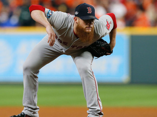 HOUSTON, TX - OCTOBER 18: Craig Kimbrel #46 of the Boston Red Sox pitches in the ninth inning against the Houston Astros during Game Five of the American League Championship Series at Minute Maid Park on October 18, 2018 in Houston, Texas.