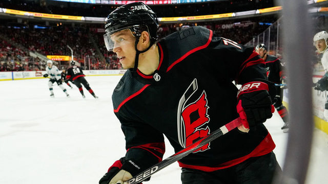 RALEIGH, NC - OCTOBER 26: Carolina Hurricanes Right Wing Valentin Zykov (73) skates after a loose puck during a game between the Carolina Hurricanes and the San Jose Sharks at the PNC Arena in Raleigh, NC on October 26, 2018. Carolina defeated San Jose 4-3 in a shootout.