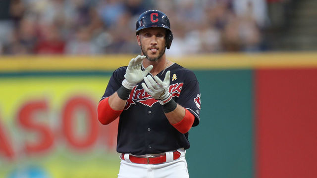 CLEVELAND, OH - SEPTEMBER 01: Cleveland Indians catcher Yan Gomes (7) at second base after hitting a double to drive in a run during the second inning of the Major League Baseball game between the Tampa Bay Rays and Cleveland Indians on September 1, 2018, at Progressive Field in Cleveland, OH.