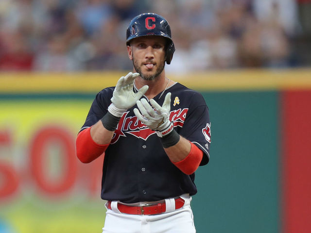CLEVELAND, OH - SEPTEMBER 01: Cleveland Indians catcher Yan Gomes (7) at second base after hitting a double to drive in a run during the second inning of the Major League Baseball game between the Tampa Bay Rays and Cleveland Indians on September 1, 2018, at Progressive Field in Cleveland, OH.
