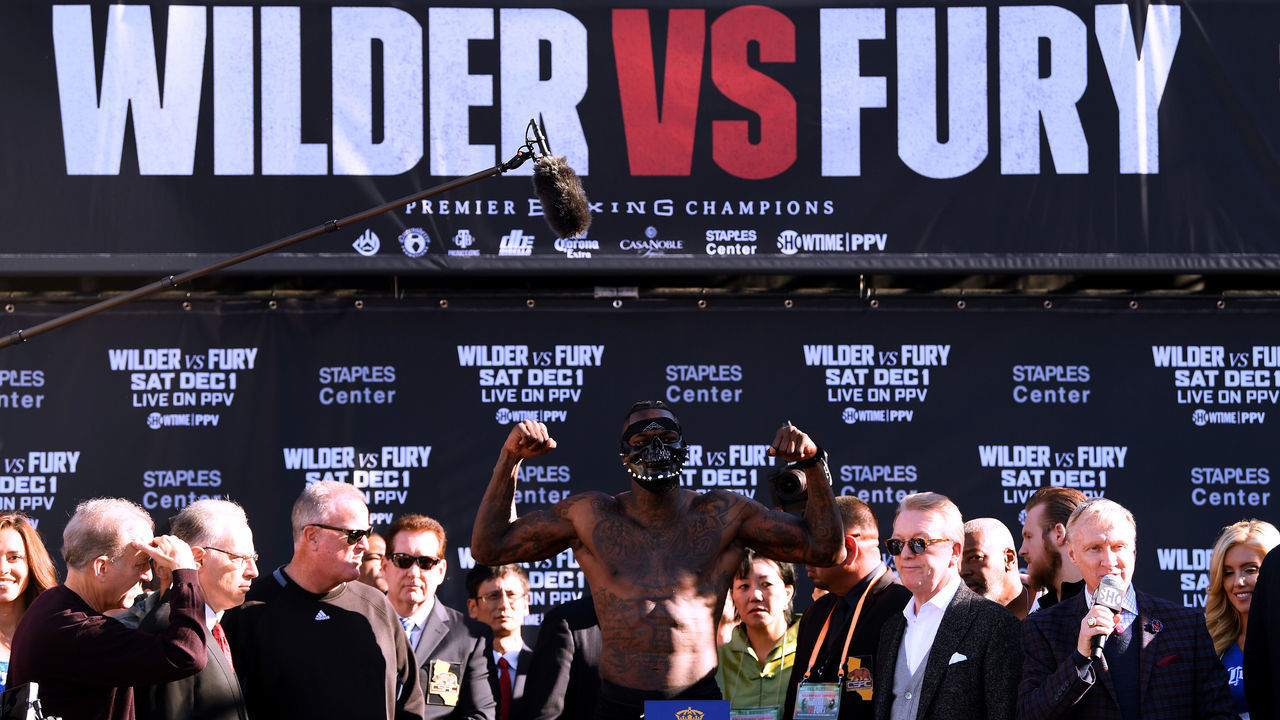 LOS ANGELES, CA - NOVEMBER 30: Deontay Wilder poses during the Deontay Wilder v Tyson Fury weigh-in at Los Angeles Convention Center on November 30, 2018 in Los Angeles, California.
