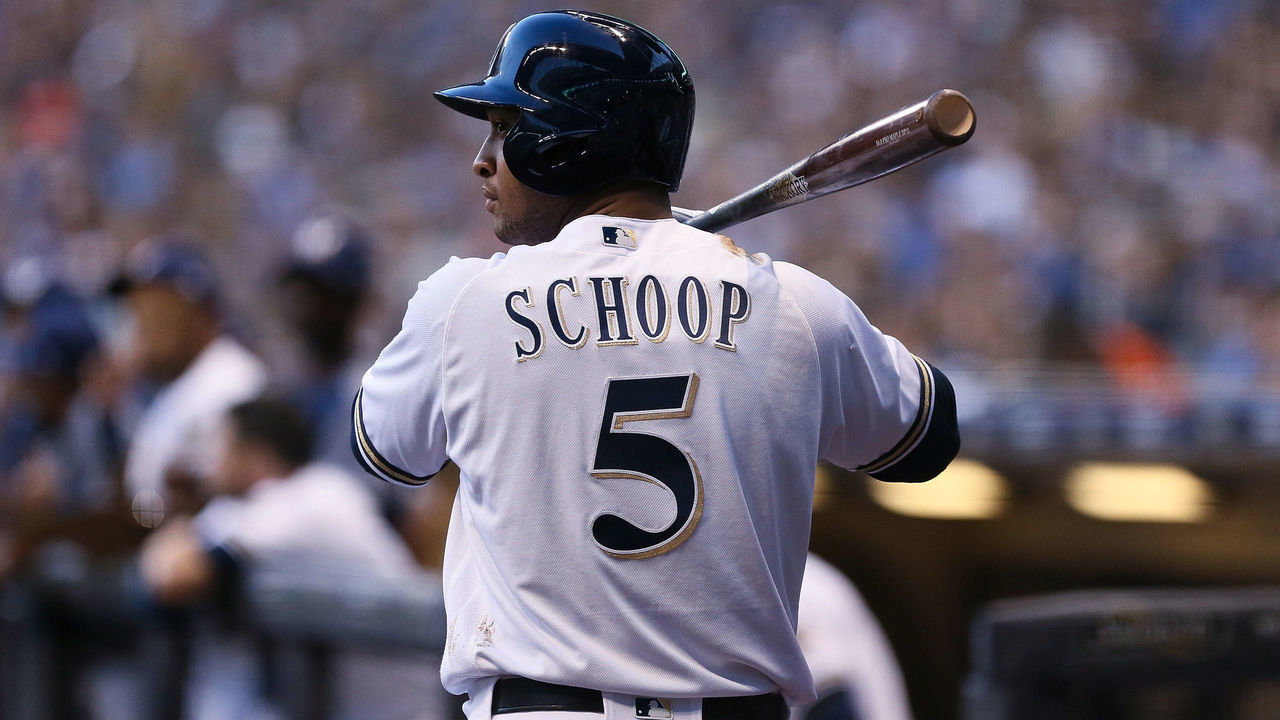 MILWAUKEE, WI - AUGUST 07: Jonathan Schoop #5 of the Milwaukee Brewers waits in the on-deck circle in the second inning against the San Diego Padres at Miller Park on August 7, 2018 in Milwaukee, Wisconsin.