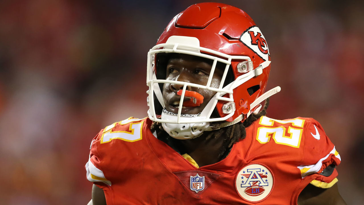 KANSAS CITY, MO - OCTOBER 21: Kansas City Chiefs running back Kareem Hunt (27) after scoring his third touchdown of the game in a week 7 NFL game between the Cincinnati Bengals and Kansas City Chiefs on October 21, 2018 at Arrowhead Stadium in Kansas City, MO. The Chiefs won 45-10.
