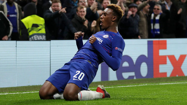 LONDON, ENGLAND - NOVEMBER 29: Callum Hudson-Odoi of Chelsea celebrates after scoring his team's third goal during the UEFA Europa League Group L match between Chelsea and PAOK at Stamford Bridge on November 29, 2018 in London, United Kingdom.