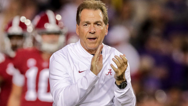 BATON ROUGE, LA - NOVEMBER 03: Alabama Crimson Tide head coach Nick Saban looks on from the side lines against LSU Tigers on November 3, 2018, at Tiger Stadium in Baton Rouge, LA.
