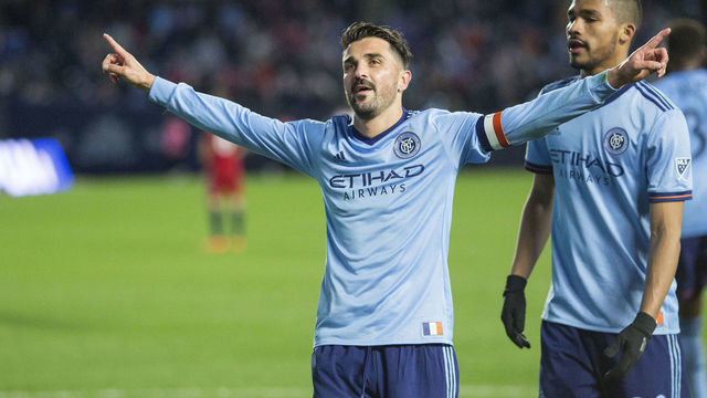 NEW YORK, NEW YORK - April 29: David Villa #7 of New York City celebrates after scoring his second goal of the game in which he reached the milestone of scoring his 400th career goal during the New York City FC Vs FC Dallas regular season MLS game at Yankee Stadium on April 29, 2018 in New York City.