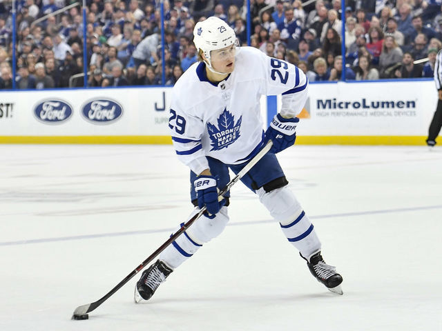 TAMPA, FL - MARCH 20: Toronto Maple Leafs center William Nylander (29) shoots on goal during the third period of an NHL game between the Toronto Maple Leafs and the Tampa Bay Lightning on March 20, 2018, at Amalie Arena in Tampa, FL. The Lightning scored three goals in the third period to defeat the Maple Leafs 4-3.