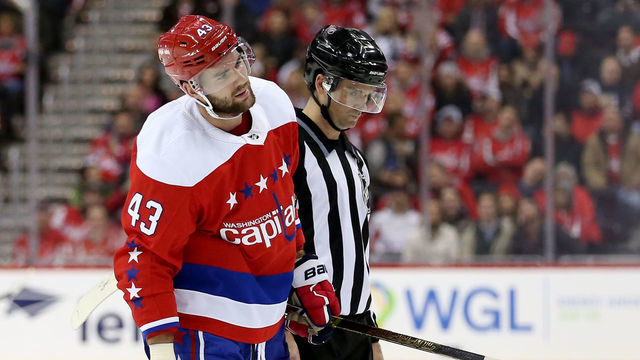 WASHINGTON, DC - NOVEMBER 30: Tom Wilson #43 of the Washington Capitals is taken off the ice after a penalty during the second period against the New Jersey Devils at Capital One Arena on November 30, 2018 in Washington, DC.