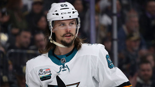 LAS VEGAS, NV - NOVEMBER 24: Erik Karlsson #65 of the San Jose Sharks during the first period against the Vegas Golden Knights at T-Mobile Arena on November 24, 2018 in Las Vegas, Nevada. The Golden Knights defeated the Sharks 6-0.