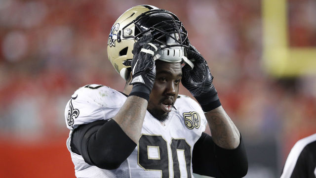 TAMPA, FL - DECEMBER 11: Nick Fairley #90 of the New Orleans Saints looks on during the game against the Tampa Bay Buccaneers at Raymond James Stadium on December 11, 2016 in Tampa, Florida. Tampa Bay defeated New Orleans 16-11.