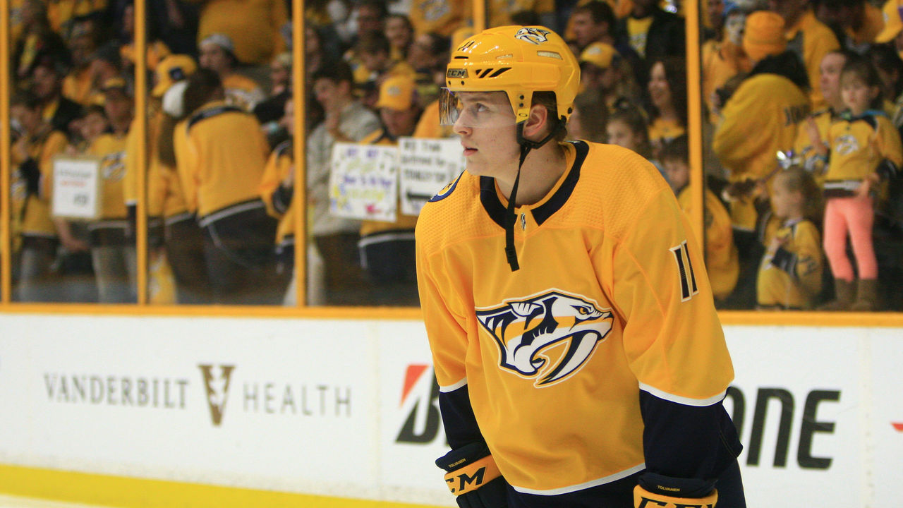 NASHVILLE, TN - MARCH 31: Nashville Predators right wing Eeli Tolvanen (11) is shown prior to the NHL game between the Nashville Predators and Buffalo Sabres, held on March 31, 2018, at Bridgestone Arena in Nashville, Tennessee.
