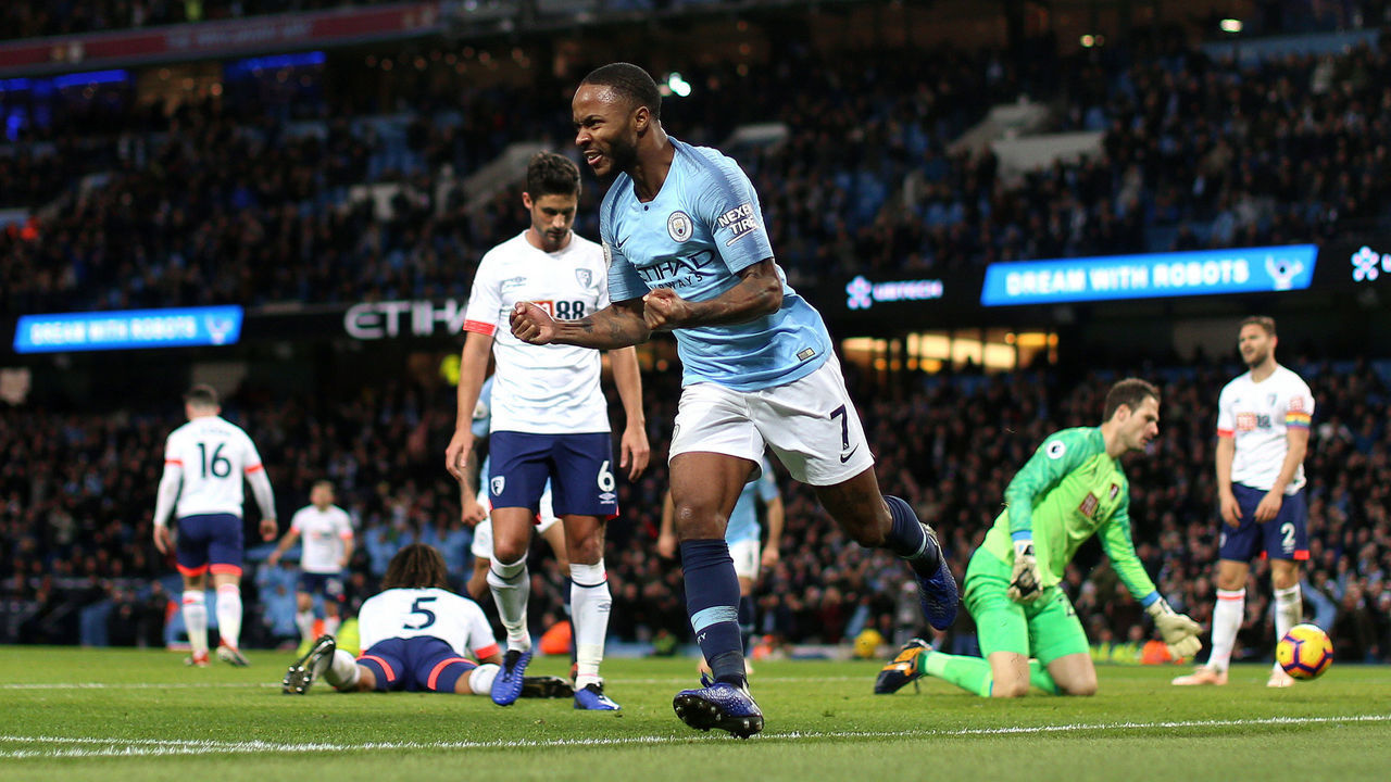 MANCHESTER, ENGLAND - DECEMBER 01: Raheem Sterling of Manchester City celebrates after scoring his team's second goal during the Premier League match between Manchester City and AFC Bournemouth at Etihad Stadium on December 1, 2018 in Manchester, United Kingdom.