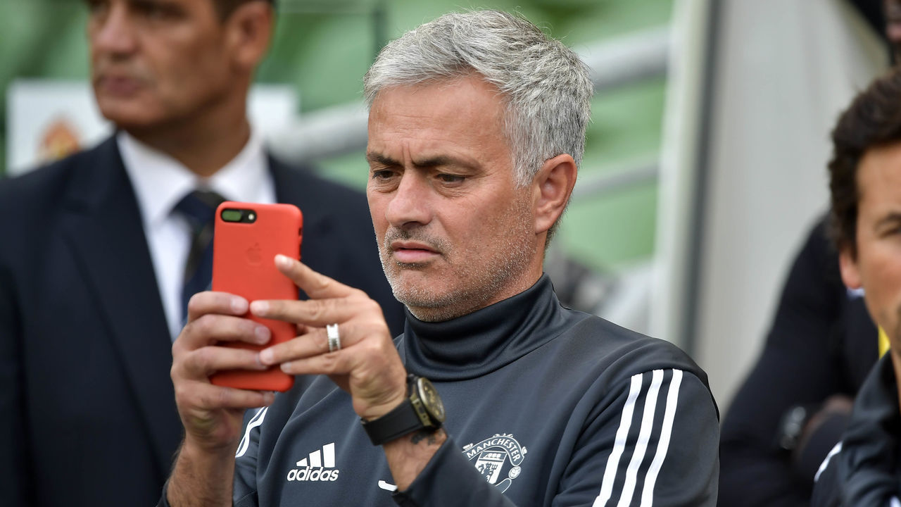 DUBLIN, IRELAND - AUGUST 02: Manchester United manager Jose Mourinho takes a picture of the stadium with his smart phone before the Aon Tour pre season friendly game between Manchester United and Sampdoria at Aviva Stadium on August 2, 2017 in Dublin, Ireland.
