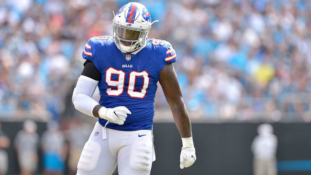CHARLOTTE, NC - SEPTEMBER 17: Shaq Lawson #90 of the Buffalo Bills against the Carolina Panthers during their game at Bank of America Stadium on September 17, 2017 in Charlotte, North Carolina.