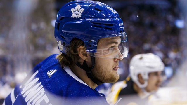 TORONTO, ON - APRIL 23: William Nylander #29 of the Toronto Maple Leafs skates against the Boston Bruins in Game Six of the Eastern Conference First Round during the 2018 NHL Stanley Cup Playoffs at the Air Canada Centre on April 23, 2018 in Toronto, Ontario, Canada.