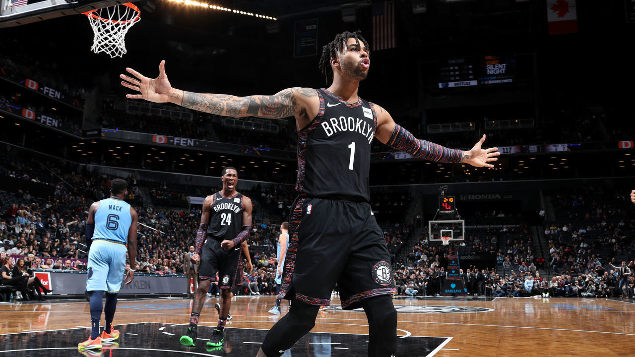 BROOKLYN, NY - NOVEMBER 30: D'Angelo Russell #1 of the Brooklyn Nets reacts to a play during the game against the Memphis Grizzlies on November 30, 2018 at the Barclays Center in Brooklyn, New York. NOTE TO USER: User expressly acknowledges and agrees that, by downloading and/or using this photograph, user is consenting to the terms and conditions of the Getty Images License Agreement. Mandatory Copyright Notice: Copyright 2018 NBAE