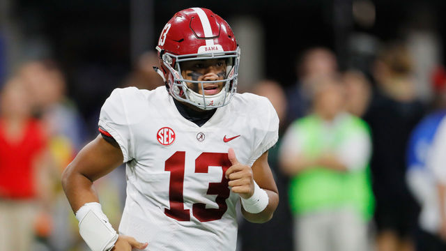 ATLANTA, GA - DECEMBER 01: Tua Tagovailoa #13 of the Alabama Crimson Tide reacts in the first half against the Georgia Bulldogs during the 2018 SEC Championship Game at Mercedes-Benz Stadium on December 1, 2018 in Atlanta, Georgia.