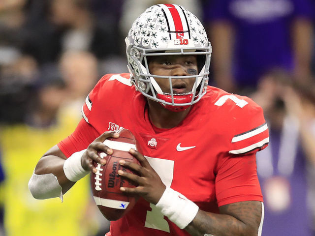 INDIANAPOLIS, INDIANA - DECEMBER 01: Dwayne Haskins Jr. #7 of the Ohio State Buckeyes throws a pass down field in the game against the Northwestern Wildcats in the second quarter at Lucas Oil Stadium on December 01, 2018 in Indianapolis, Indiana.