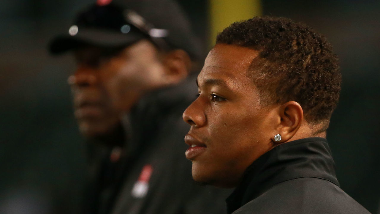 CARSON, CA - JANUARY 23: Running back coach Ray Rice of the National Team looks on from the sideline during the NFLPA Collegiate Bowl between the American Team and the National Team at StubHub Center on January 23, 2016 in Carson, California. The National Team defeated the American Team 18-17.