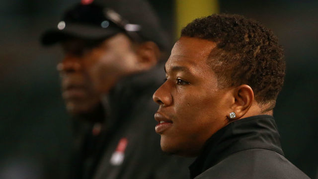 CARSON, CA - JANUARY 23: Running back coach Ray Rice of the National Team looks on from the sideline during the NFLPA Collegiate Bowl between the American Team and the National Team at StubHub Center on January 23, 2016 in Carson, California. The National Team defeated the American Team 18-17.