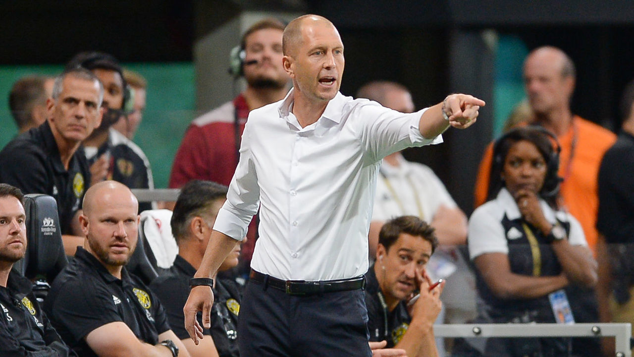 ATLANTA, GA AUGUST 19: Columbus head coach Gregg Berhalter gestures from the sideline during the match between Atlanta United and Columbus Crew on August 19th, 2018 at Mercedes-Benz Stadium in Atlanta, GA. Atlanta United FC defeated Columbus Crew SC by a score of 3 - 1.
