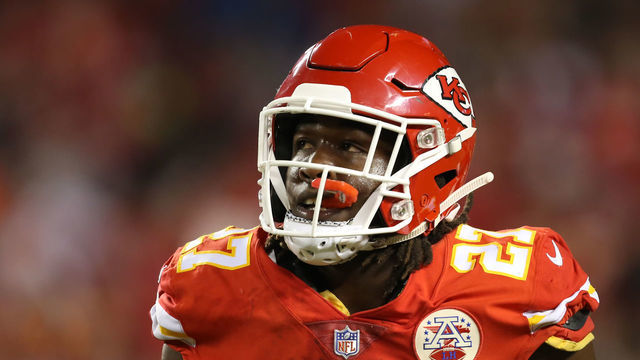 KANSAS CITY, MO - OCTOBER 21: Kansas City Chiefs running back Kareem Hunt (27) after scoring his third touchdown of the game in a week 7 NFL game between the Cincinnati Bengals and Kansas City Chiefs on October 21, 2018 at Arrowhead Stadium in Kansas City, MO. The Chiefs won 45-10.