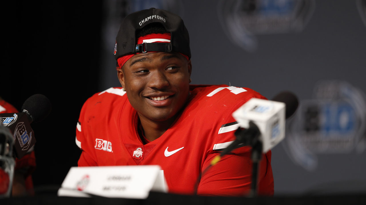 INDIANAPOLIS, INDIANA - DECEMBER 01: Dwayne Haskins Jr. #7 of the Ohio State Buckeyes speaks to the media after defeating the Northwestern Wildcats at Lucas Oil Stadium on December 01, 2018 in Indianapolis, Indiana.
