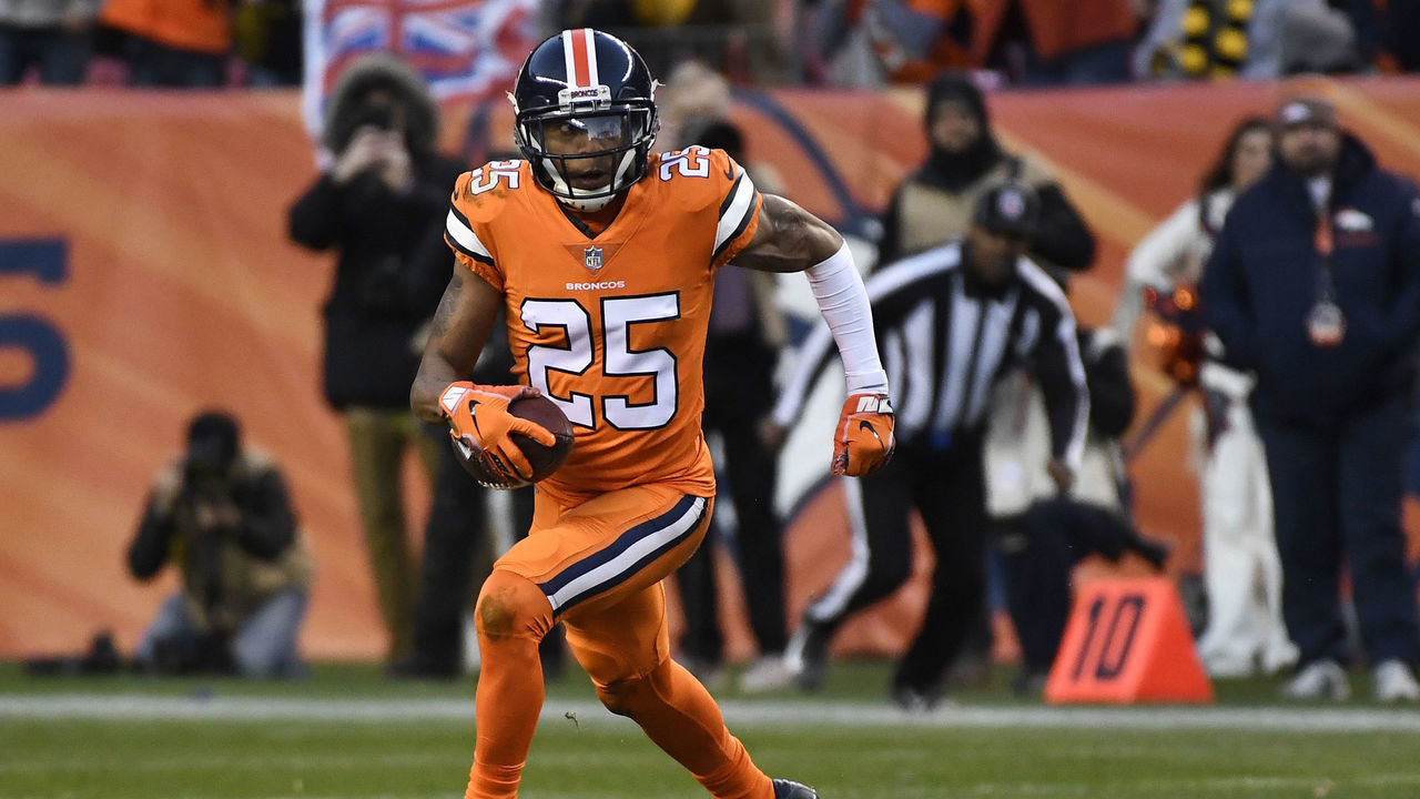 DENVER, CO - NOVEMBER 25: Chris Harris (25) of the Denver Broncos with the ball after an interception during the third quarter against the Pittsburgh Steelers. The Denver Broncos hosted the Pittsburgh Steelers at Broncos Stadium at Mile High in Denver, Colorado on Sunday, November 25, 2018.