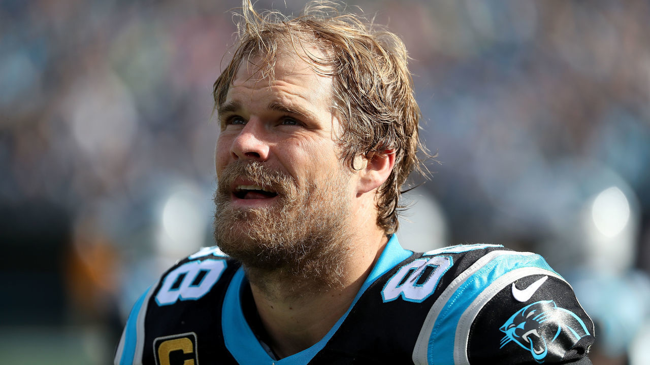 CHARLOTTE, NC - NOVEMBER 25: Greg Olsen #88 of the Carolina Panthers looks on against the Seattle Seahaws in the second quarter during their game at Bank of America Stadium on November 25, 2018 in Charlotte, North Carolina.