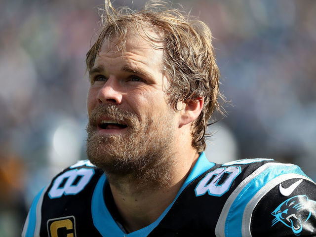 CHARLOTTE, NC - NOVEMBER 25: Greg Olsen #88 of the Carolina Panthers looks on against the Seattle Seahaws in the second quarter during their game at Bank of America Stadium on November 25, 2018 in Charlotte, North Carolina.