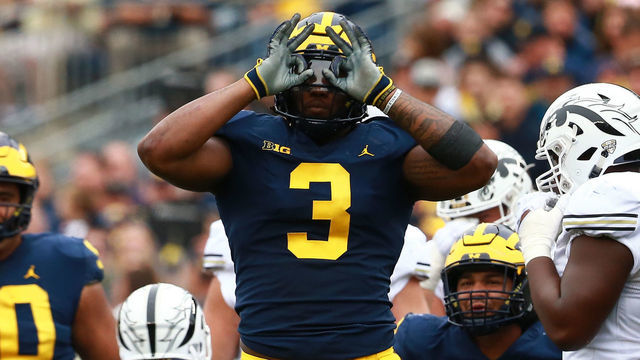 ANN ARBOR, MI - SEPTEMBER 08: Rashan Gary #3 of the Michigan Wolverines reacts to a sack against the Western Michigan Broncos at Michigan Stadium on September 8, 2018 in Ann Arbor, Michigan.