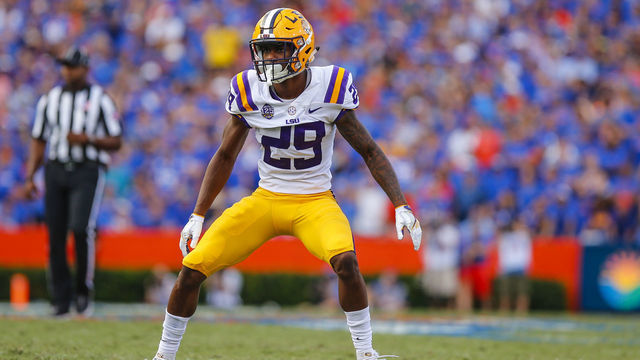 GAINESVILLE, FL - OCTOBER 06: LSU Tigers cornerback Greedy Williams (29) defends during the game between the LSU Tigers and the Florida Gators on October 6, 2018 at Ben Hill Griffin Stadium at Florida Field in Gainesville, Fl.