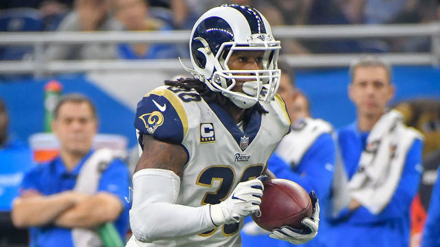 DETROIT, MI - DECEMBER 02: Los Angeles Rams running back Todd Gurley (30) turns up field on a run for a long gain during the Detroit Lions versus Los Angeles Rams game on Sunday December 2, 2018 at Ford Field in Detroit, MI.