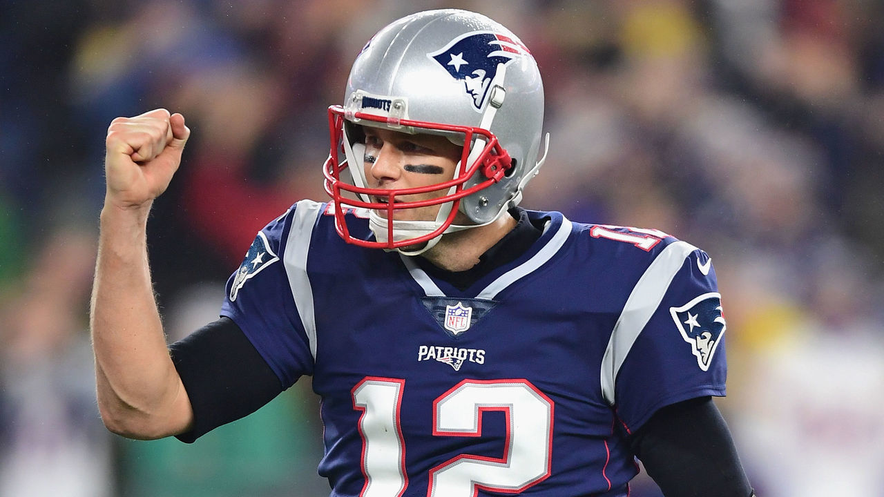 FOXBOROUGH, MA - DECEMBER 02: Tom Brady #12 of the New England Patriots celebrates after a rushing touchdown by James Develin #46 (not pictured) during the fourth quarter against the Minnesota Vikings at Gillette Stadium on December 2, 2018 in Foxborough, Massachusetts.