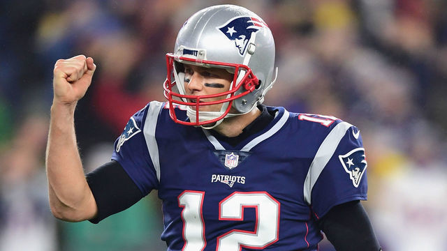 FOXBOROUGH, MA - DECEMBER 02: Tom Brady #12 of the New England Patriots celebrates after a rushing touchdown by James Develin #46 (not pictured) during the fourth quarter against the Minnesota Vikings at Gillette Stadium on December 2, 2018 in Foxborough, Massachusetts.