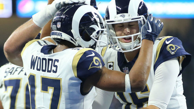 DETROIT, MI - DECEMBER 02: Robert Woods #17 of the Los Angeles Rams celebrates his touchdown catch quarterback Jared Goff #16 of the Los Angeles Rams against the Detroit Lions during the second quarter at Ford Field on December 2, 2018 in Detroit, Michigan.