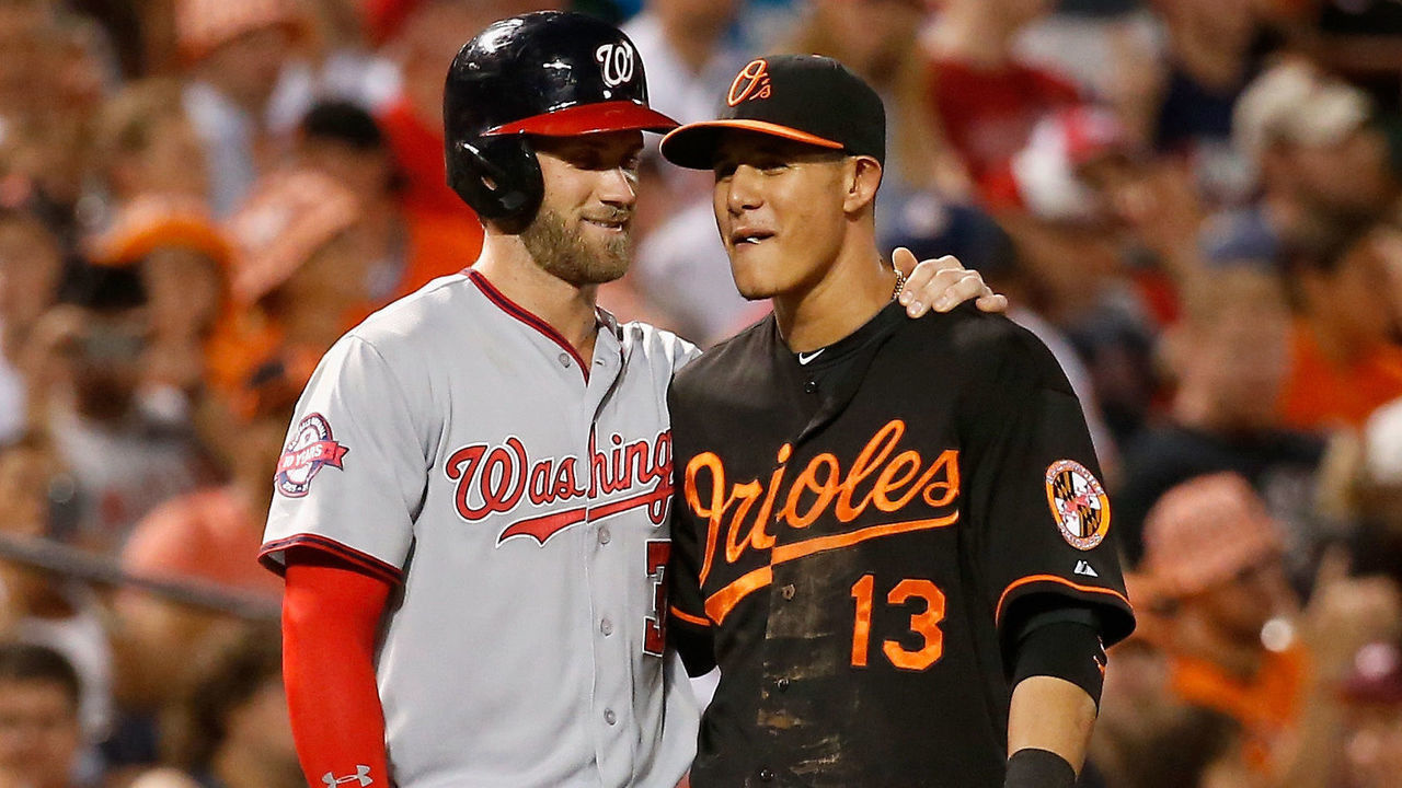 BALTIMORE, MD - JULY 10: Bryce Harper #34 of the Washington Nationals and Manny Machado #13 of the Baltimore Orioles talk during their game at Oriole Park at Camden Yards on July 10, 2015 in Baltimore, Maryland.