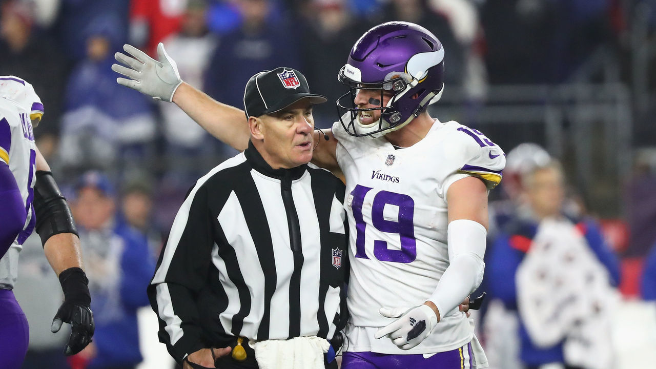 FOXBOROUGH, MA - DECEMBER 02: Adam Thielen #19 of the Minnesota Vikings argues a call during the second half against the New England Patriots at Gillette Stadium on December 2, 2018 in Foxborough, Massachusetts.