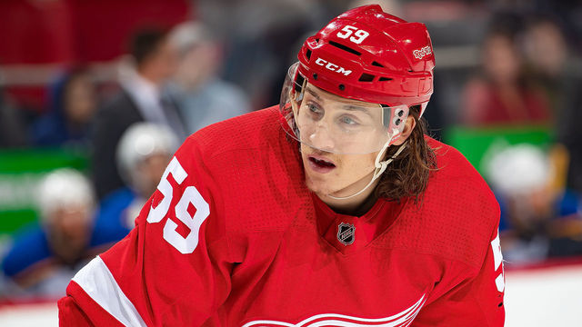 DETROIT, MI - NOVEMBER 28: Tyler Bertuzzi #59 of the Detroit Red Wings gets set for the face-off against the St. Louis Blues during an NHL game at Little Caesars Arena on November 28, 2018 in Detroit, Michigan. The Red Wings defeated the Blues 4-3.