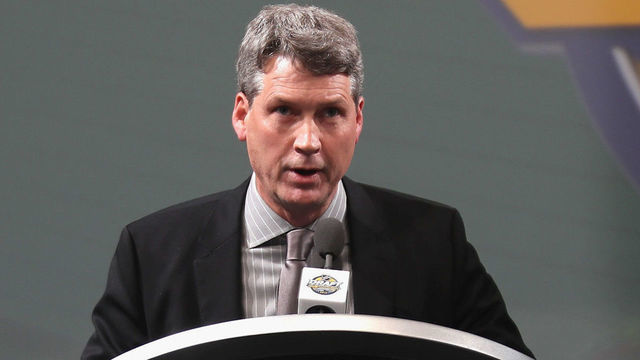 BUFFALO, NY - JUNE 24: General manager Chuck Fletcher of the Minnesota Wild speaks at the podium during round one of the 2016 NHL Draft at First Niagara Center on June 24, 2016 in Buffalo, New York.