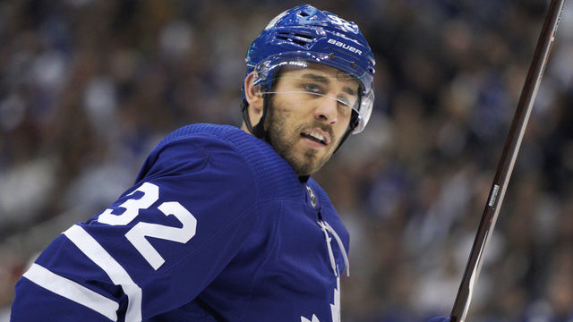 TORONTO, ON - OCTOBER 27: Toronto Maple Leafs Right Wing Josh Leivo (32) pauses during the regular season NHL game between the Winnipeg Jets and the Toronto Maple Leafs on October 27, 2018 at Scotiabank Arena in Toronto, ON.