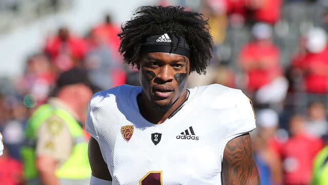 TUCSON, AZ - NOVEMBER 24: Wide receiver N'Keal Harry #1 of the Arizona State Sun Devils looks on prior to a college football game against the Arizona Wildcats at Arizona Stadium on November 24, 2018 in Tucson, Arizona.