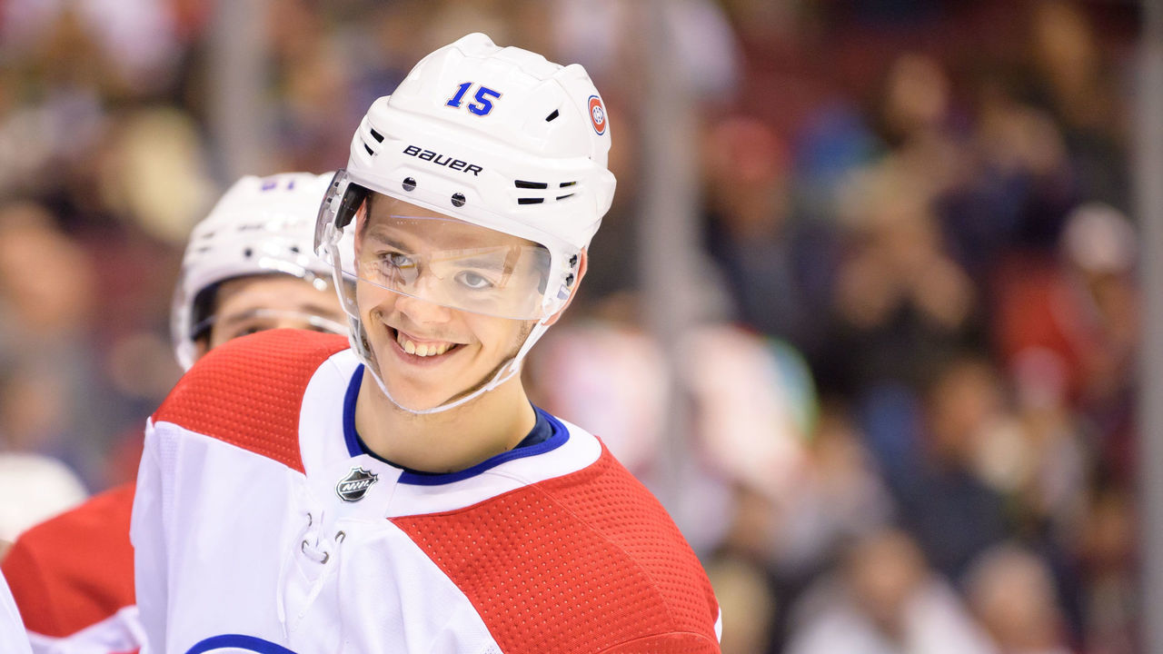 VANCOUVER, BC - NOVEMBER 17: Montreal Canadiens center Jesperi Kotkaniemi (15) smiles during their NHL game against the Vancouver Canucks at Rogers Arena on November 17, 2018 in Vancouver, British Columbia, Canada. Monreal won 3-2.