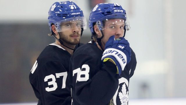 TORONTO, ON - September 6: Timothy Liljegren (37) and Rasmus Sandin (78) look around during a drill. Toronto Maple Leafs rookies skated at their training facility, the MCC before heading to Montreal for tournament. (Toronto Star/Toronto Star via Getty Images)