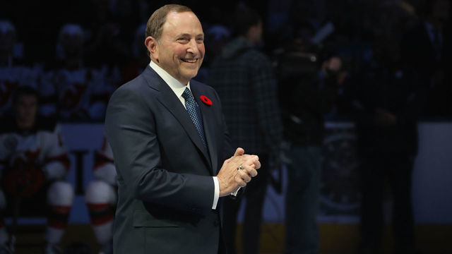 TORONTO, ONTARIO - NOVEMBER 09: NHL Commissioner Gary Bettman is introduced to fans during a pregame ceremony for the Hockey Hall of Fame prior to the Toronto Maple Leafs taking on the New Jersey Devils at the Scotiabank Arena on November 09, 2018 in Toronto, Ontario, Canada.